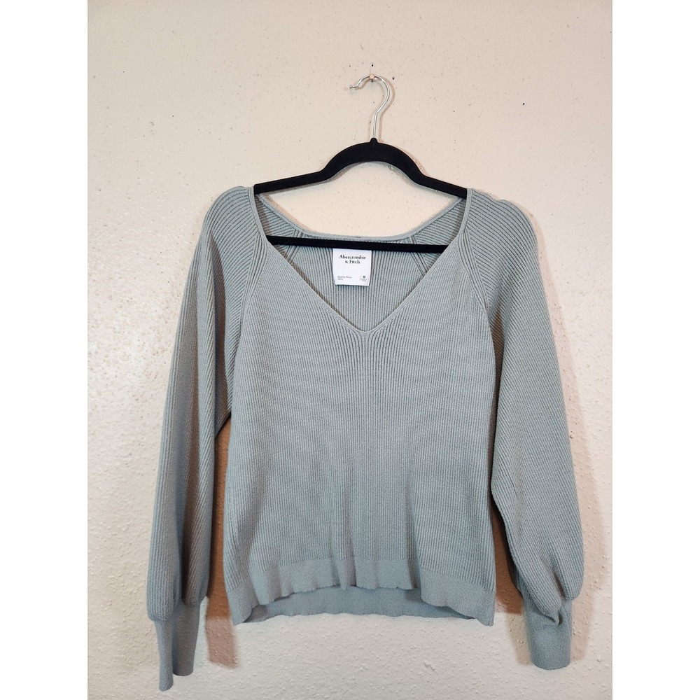 Abercrombie & Fitch Womens Medium Gray V-Neck Ribbed Balloon Sleeve‎ Sweater